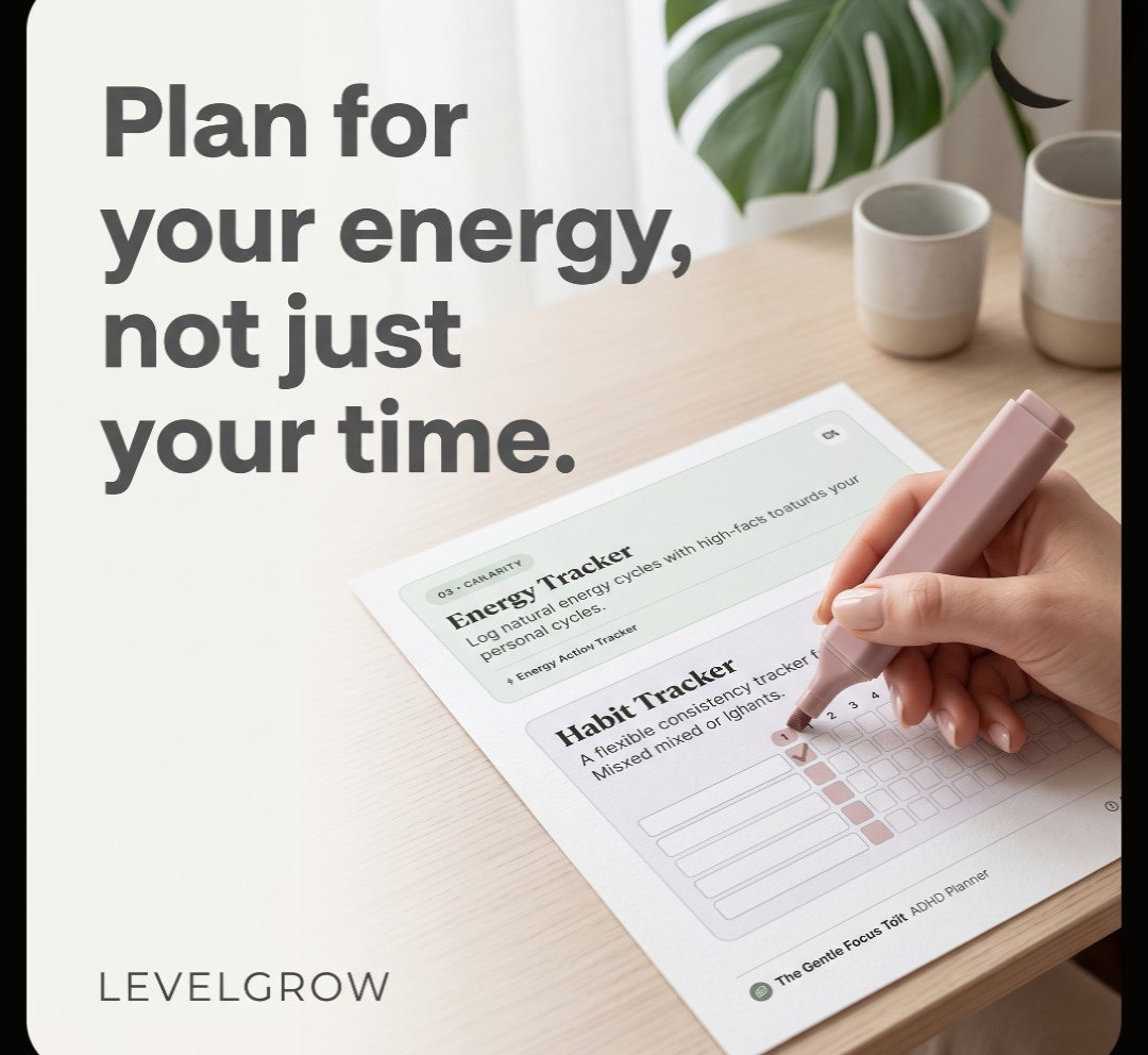 A hand uses a pink pen to fill out an Energy Tracker and Habit Tracker sheet on a wooden desk. Large text on the left reads, 'Plan for your energy, not just your time.