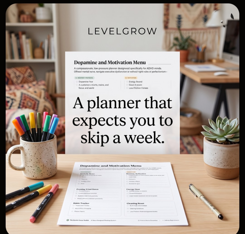 A planner page titled 'Dopamine and Motivation Menu' displayed on a wooden desk, with the brand name LEVELGROW at the top. The scene includes a mug filled with colorful pens, a small potted succulent, and other desk accessories in a cozy home office setting.