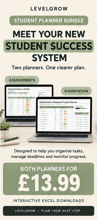 Promotional graphic for a LevelGrow Student Planner Bundle, showing two laptop screens displaying planner pages, with text advertising a student success system and both planners for £13.99.