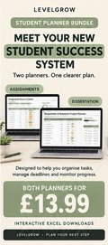 Promotional graphic for a LevelGrow Student Planner Bundle, showing two laptop screens displaying planner pages, with text advertising a student success system and both planners for £13.99.