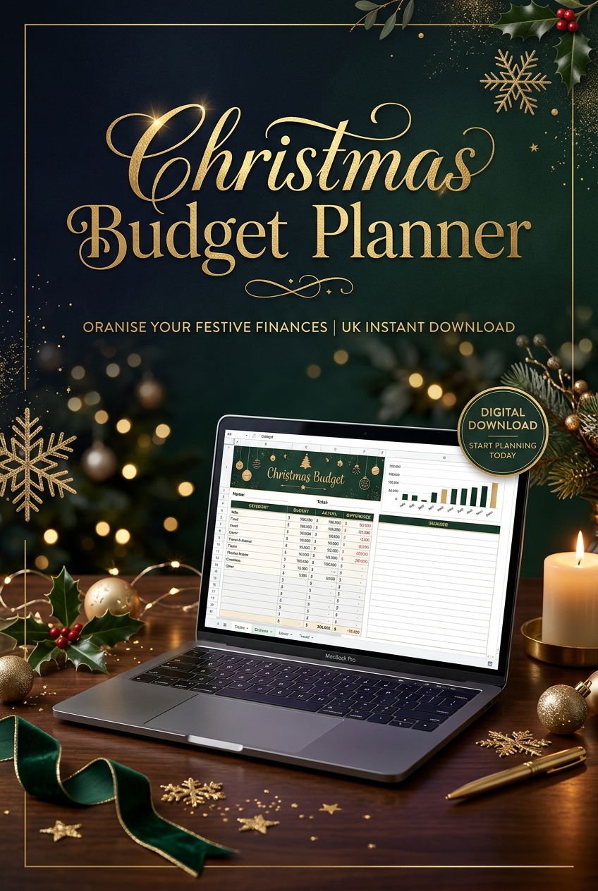 Promotional graphic for a Christmas Budget Planner digital download, showing a laptop with a spreadsheet template on screen, surrounded by holiday decorations including a candle, pine branches, gold ornaments, and festive text on a dark background.