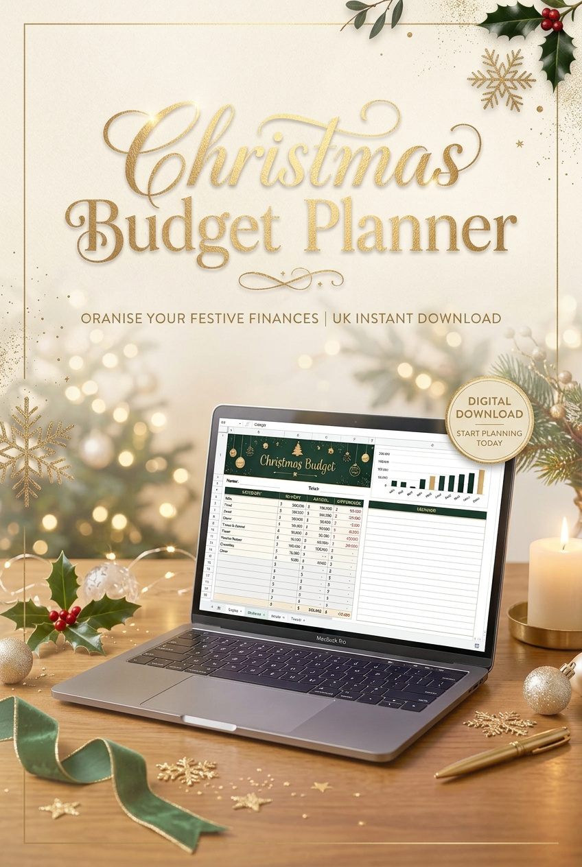 Christmas Planner and Budget Tracker spreadsheet on a laptop with festive decorations on a wooden table