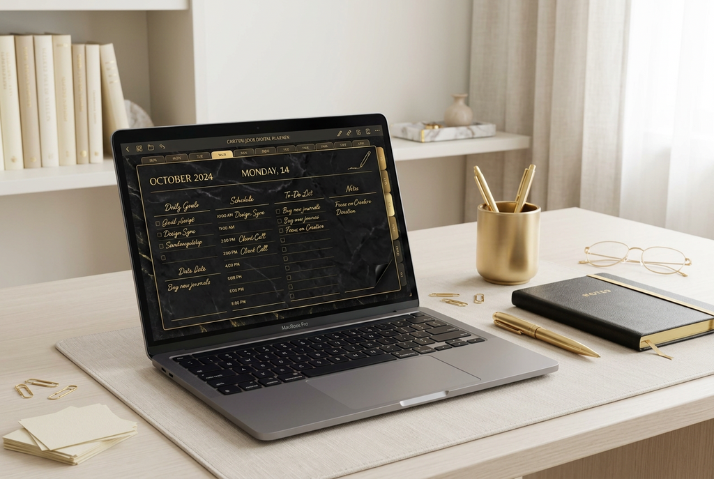Gentle Focus Planner interactive Excel template shown on a laptop