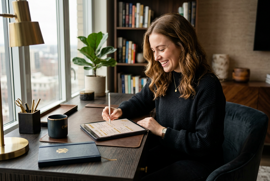 Smiling student using the Dissertation and Research Project Planner on a tablet