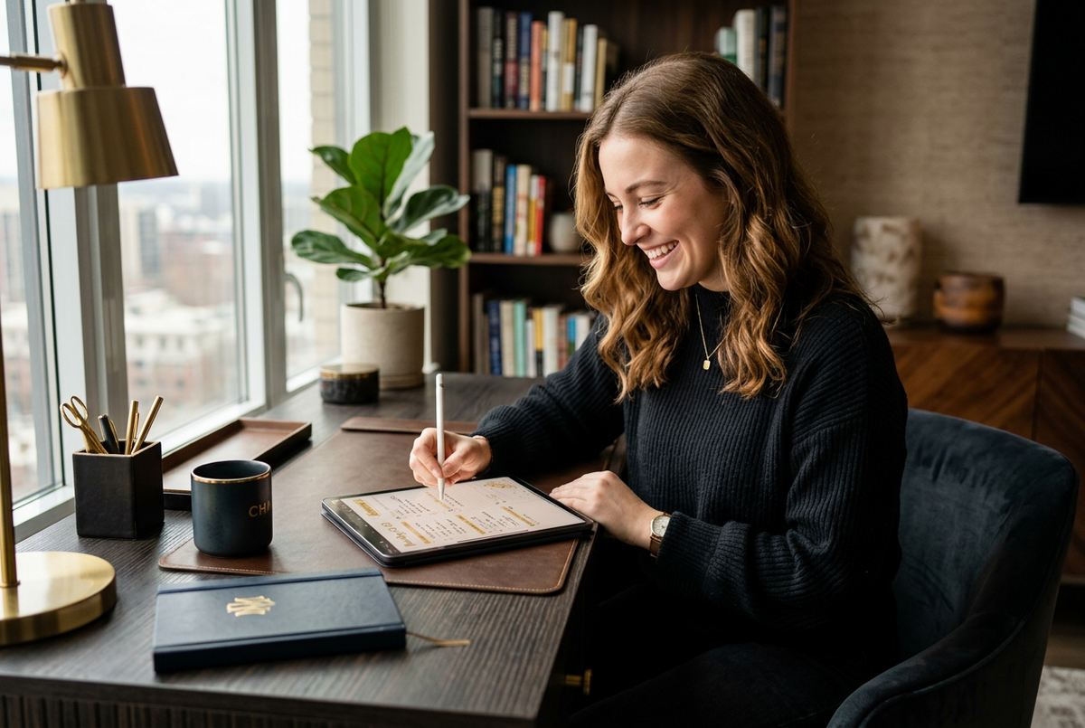 Smiling student using the Dissertation and Research Project Planner on a tablet