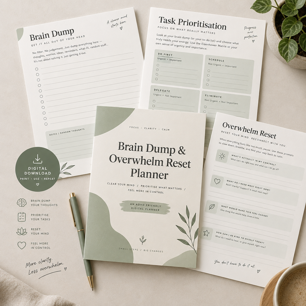 Brain Dump & Overwhelm Reset Planner digital download flat lay