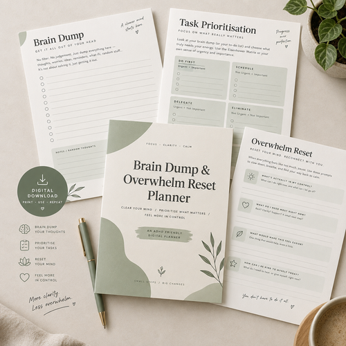 Brain Dump & Overwhelm Reset Planner digital download flat lay