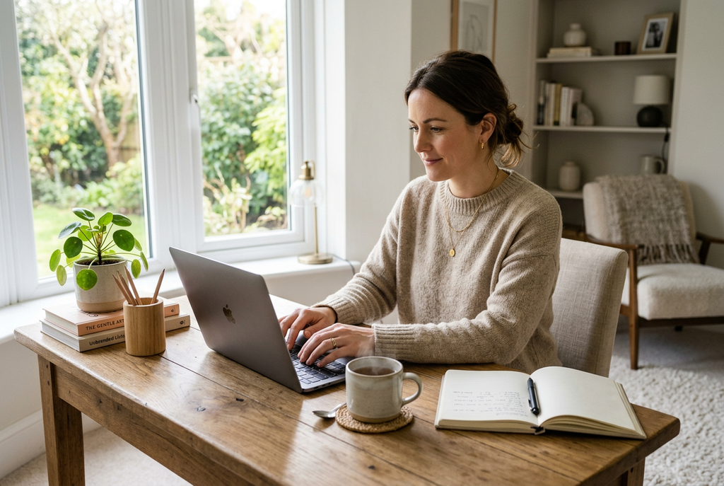 Woman working at desk with household and debt planner bundle open on laptop