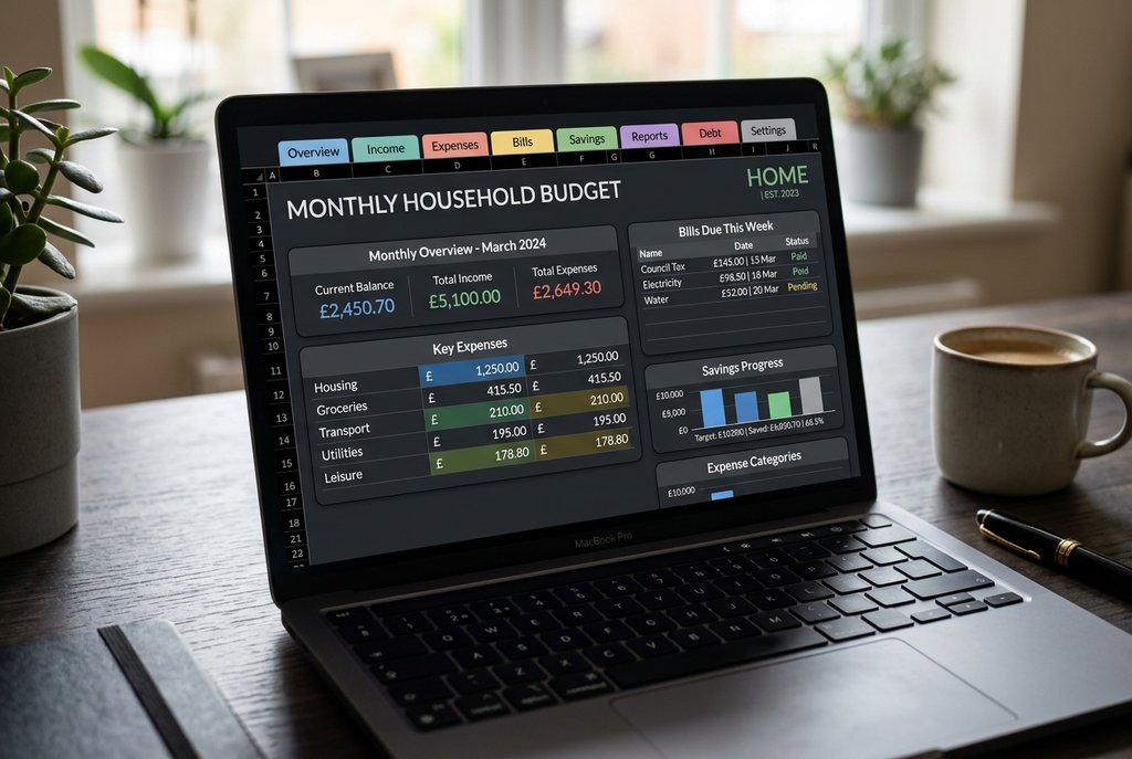 Close-up of a household management dashboard spreadsheet with UK pound formatting