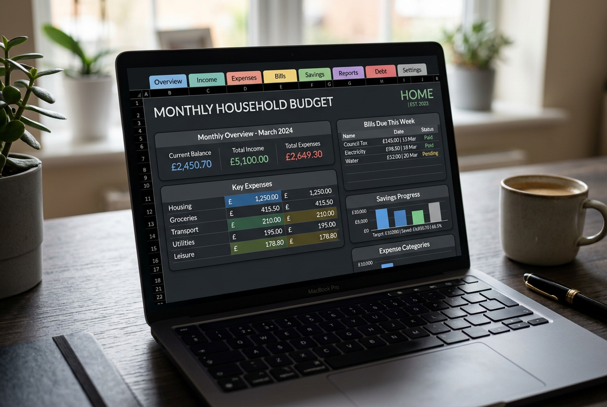 Close-up of a household management dashboard spreadsheet with UK pound formatting