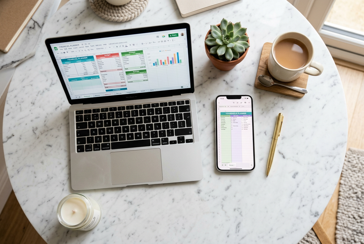 Laptop and phone showing household and debt planner bundle on marble desk flat lay