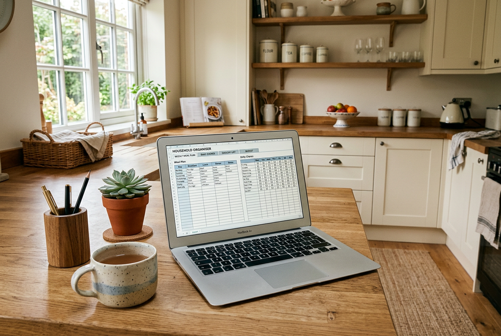 Household Management Dashboard lifestyle scene in cosy UK kitchen with laptop and tea