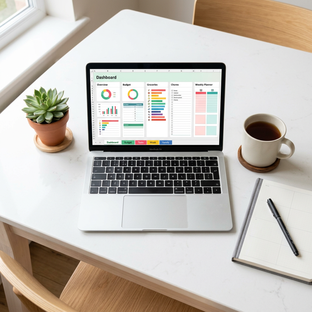 Household Management Dashboard flat lay on kitchen table with laptop, tea and notebook