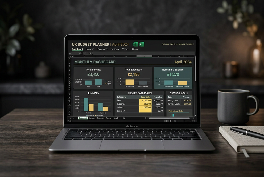 Excel budget planner open on a laptop with a dark luxury background