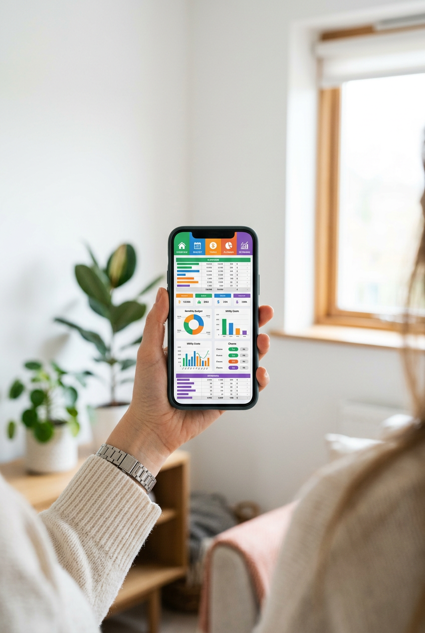 Person holding smartphone displaying household management dashboard spreadsheet