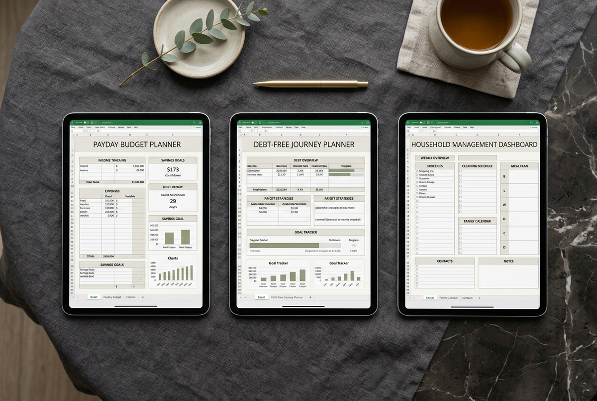Three Excel planners laid out in a flat lay on a dark marble surface