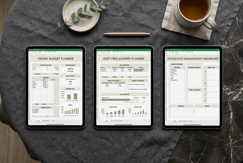 Three Excel planners laid out in a flat lay on a dark marble surface