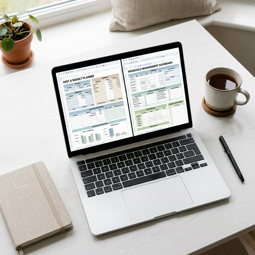 Two spreadsheet planners open side by side on laptop flat lay with tea and notebook