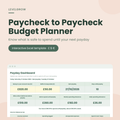 LevelGrow Paycheck to Paycheck Budget Planner for Excel, with a payday dashboard and £, $ and € currency options.