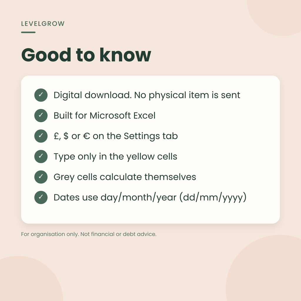 Excel digital download with £, $ and € options, yellow input cells, automatic grey cells and day/month/year dates.