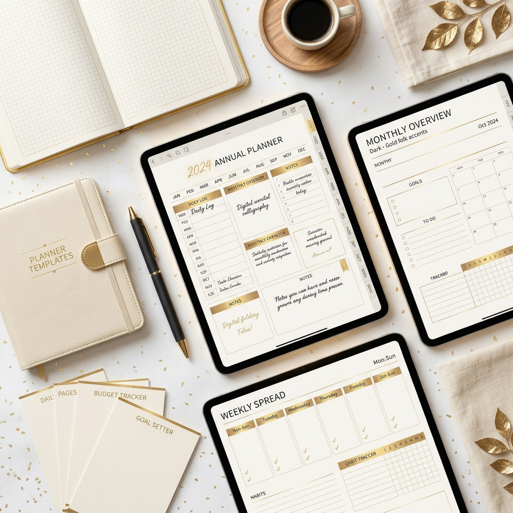 A styled flat-lay of digital planner templates displayed on three tablet screens, alongside a cream planner notebook, a black pen, and gold decorative accents on a white background with subtle gold confetti.