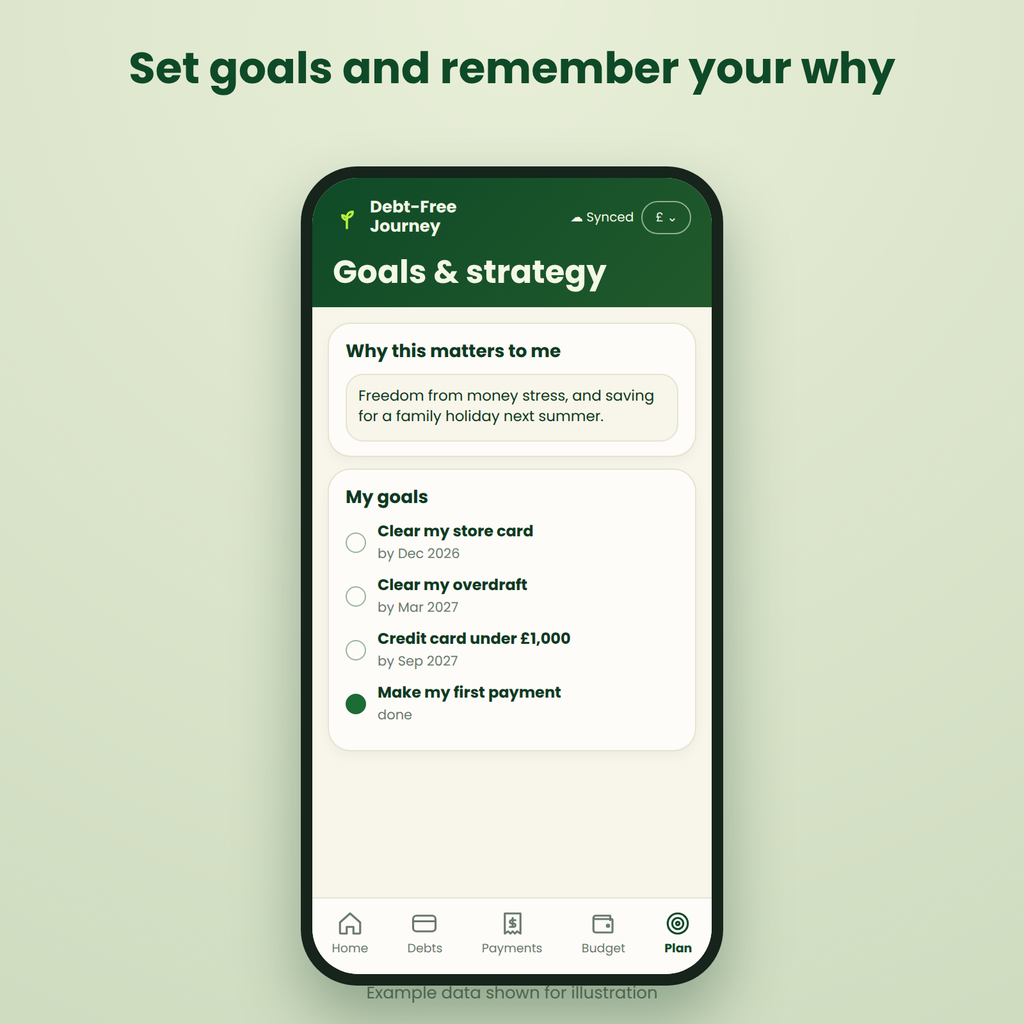 A smartphone mockup centered on a pale green background, displaying a finance app screen titled 'Goals & strategy' with a dark green header and white goal-list content. Large text above reads 'Set goals and remember your why.