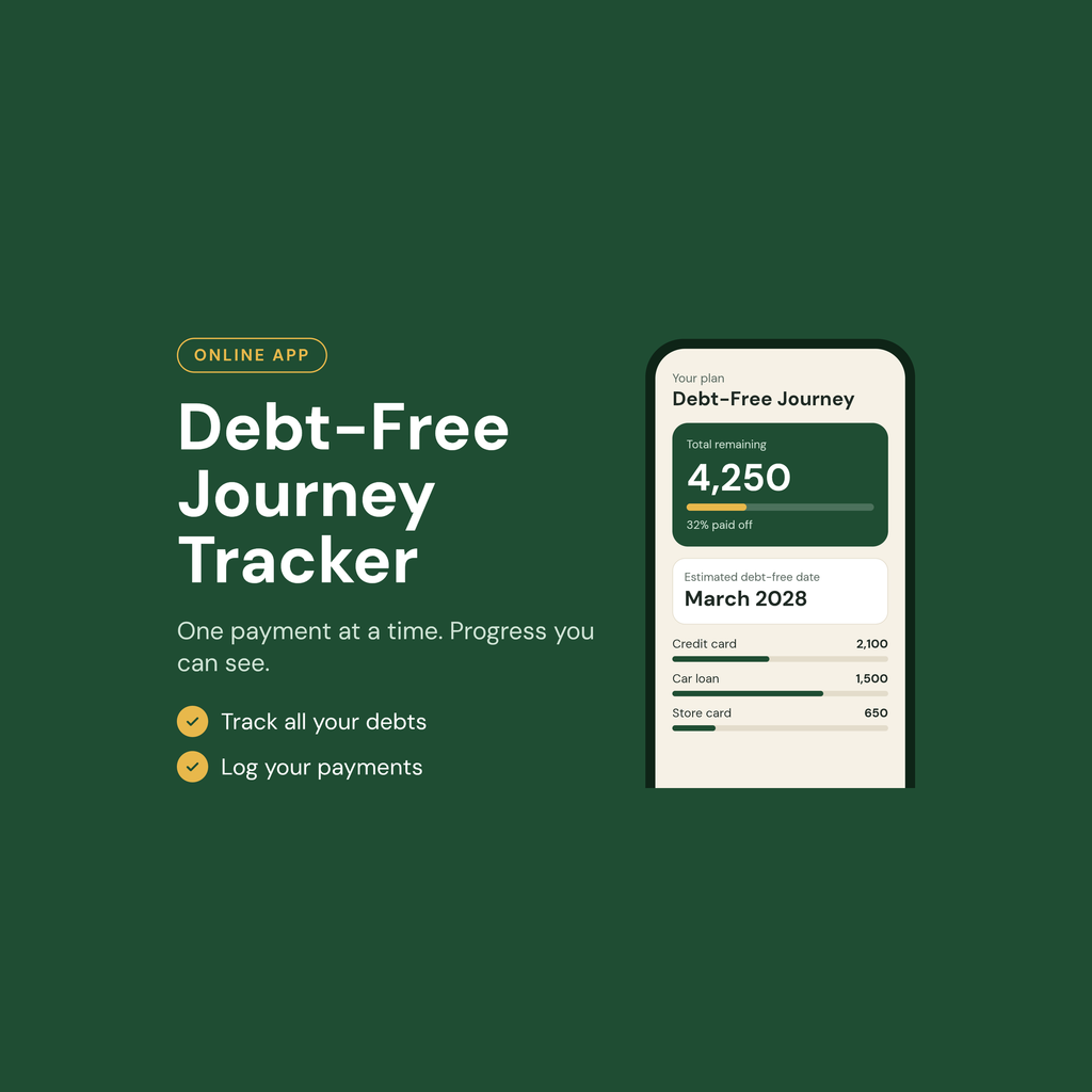 Debt-Free Journey Tracker online app showing remaining debt, payment progress and an estimated debt-free date on a phone.