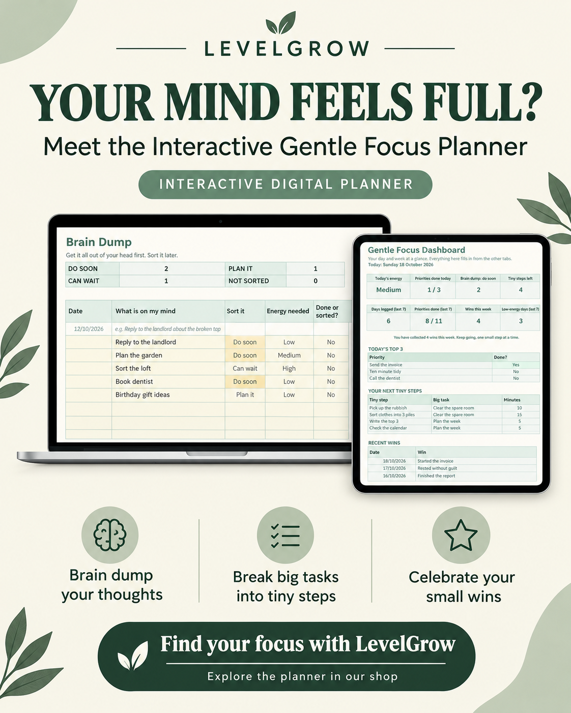 Promotional graphic for the LevelGrow Interactive Gentle Focus Planner, showing a laptop and tablet mockup with planner pages, plus three feature icons and text on a soft beige background with leaf motifs.