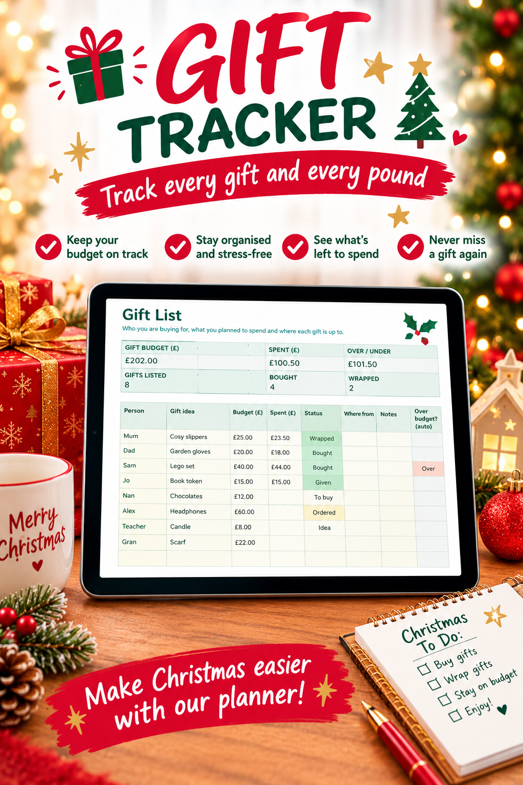 A festive Christmas-themed gift tracker planner and digital spreadsheet shown on a tablet, surrounded by holiday decorations including wrapped gifts, a mug that says Merry Christmas, pinecones, and a checklist notebook. The tablet screen displays a gift list spreadsheet with columns for date, item, budget, spent, and status.