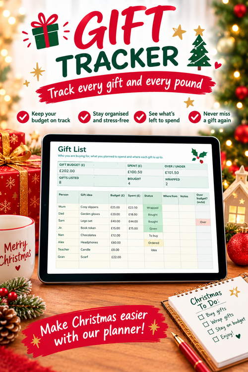 A festive Christmas-themed gift tracker planner and digital spreadsheet shown on a tablet, surrounded by holiday decorations including wrapped gifts, a mug that says Merry Christmas, pinecones, and a checklist notebook. The tablet screen displays a gift list spreadsheet with columns for date, item, budget, spent, and status.