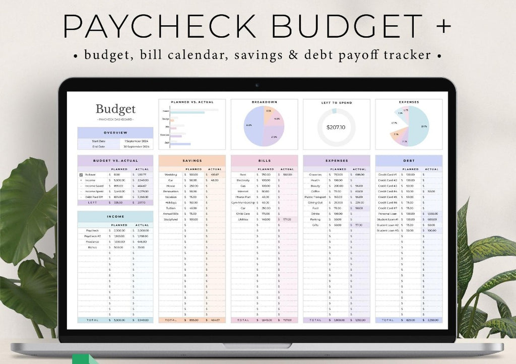 Payday Budget Planner Excel spreadsheet displayed on a laptop screen