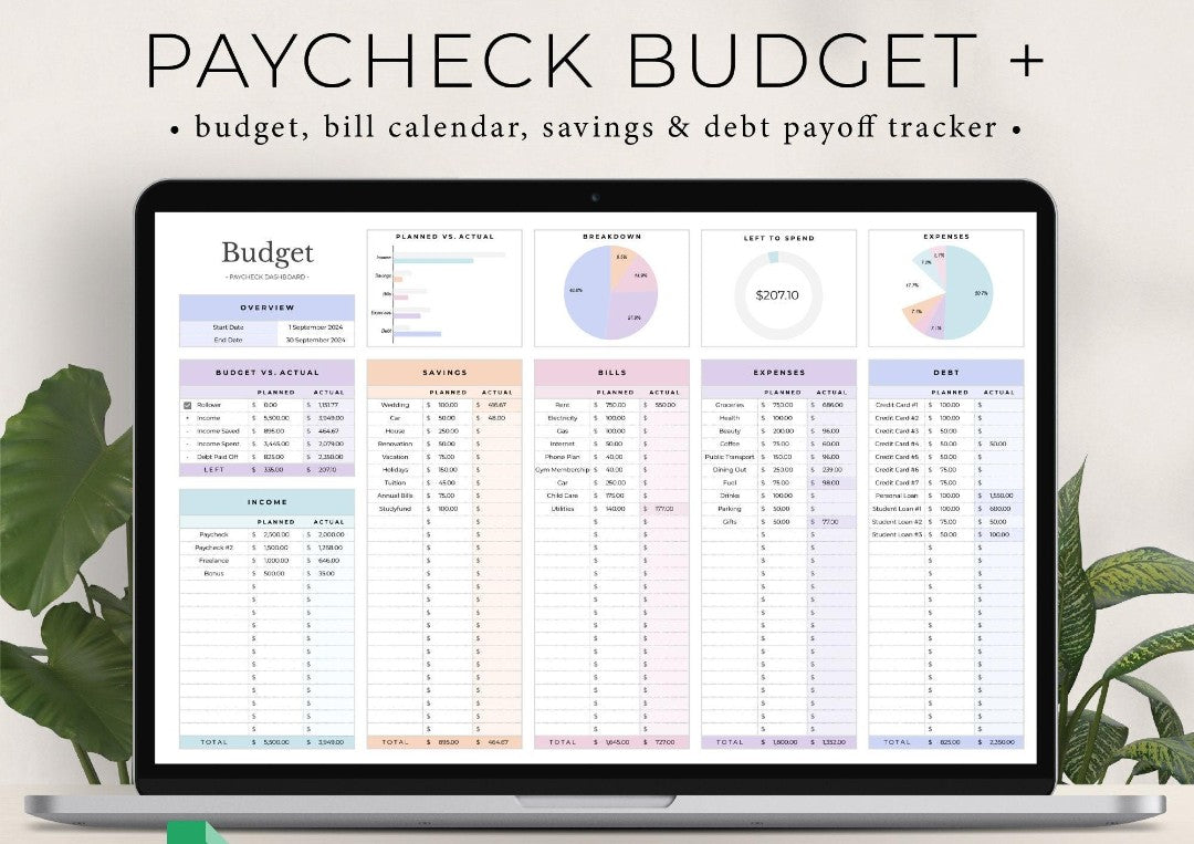 Payday Budget Planner Excel spreadsheet displayed on a laptop screen