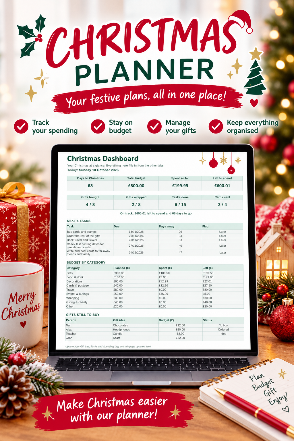 A festive Christmas planner promotional graphic showing a laptop screen with a spreadsheet dashboard, surrounded by holiday decor including wrapped gifts, a mug that says Merry Christmas, pinecones, ornaments, and a notebook. Large text at the top reads 'CHRISTMAS PLANNER' with supporting features listed above the laptop.
