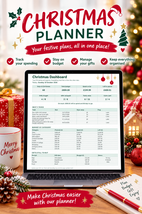 A festive Christmas planner promotional graphic showing a laptop screen with a spreadsheet dashboard, surrounded by holiday decor including wrapped gifts, a mug that says Merry Christmas, pinecones, ornaments, and a notebook. Large text at the top reads 'CHRISTMAS PLANNER' with supporting features listed above the laptop.