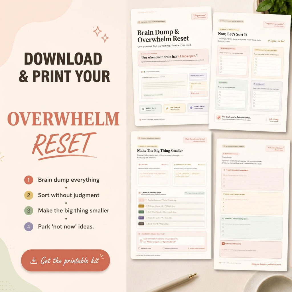 Promotional graphic for a printable overwhelm reset kit, showing several printed worksheet pages on the right and marketing text on the left with a call to action