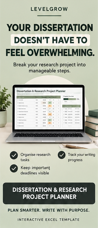 Promotional graphic for a LevelGrow Dissertation & Research Project Planner Excel template, featuring a laptop displaying a planner spreadsheet on a desk with books and a plant, set against a sage green background.