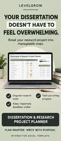 Promotional graphic for a LevelGrow Dissertation & Research Project Planner Excel template, featuring a laptop displaying a planner spreadsheet on a desk with books and a plant, set against a sage green background.