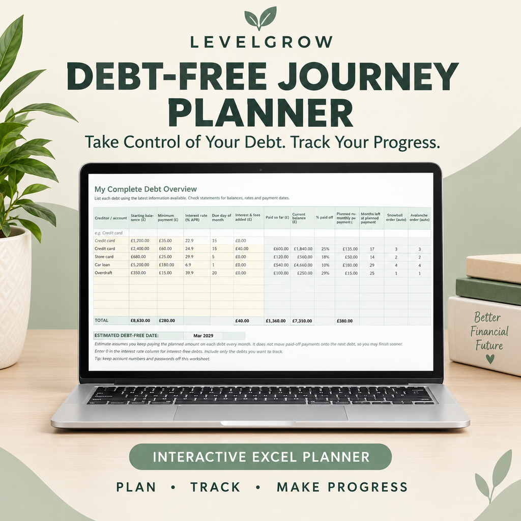 A promotional graphic for the LevelGrow Debt-Free Journey Planner, showing a laptop with an Excel debt overview spreadsheet on screen, plus the text 'Take Control of Your Debt. Track Your Progress.