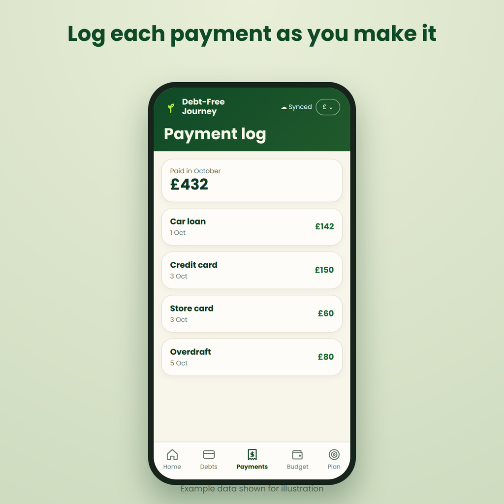 A smartphone mockup centered on a pale green background, displaying a payment log app screen with dark green header and white payment entries. Above the phone, the text reads 'Log each payment as you make it.