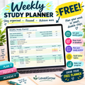 Free LevelGrow Weekly Study Planner displayed on a laptop, featuring weekly study goals, assignment deadlines, priorities and study sessions. A colourful promotional graphic encouraging students to stay organised, manage deadlines and track their progress.