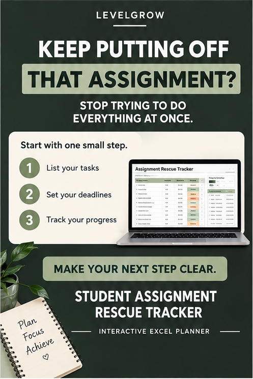 Promotional graphic for a LevelGrow Student Assignment Rescue Tracker Excel planner, featuring a dark green background with white and light green text, a laptop showing the tracker spreadsheet, and a notebook in the corner.