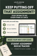 Promotional graphic for a LevelGrow Student Assignment Rescue Tracker Excel planner, featuring a dark green background with white and light green text, a laptop showing the tracker spreadsheet, and a notebook in the corner.
