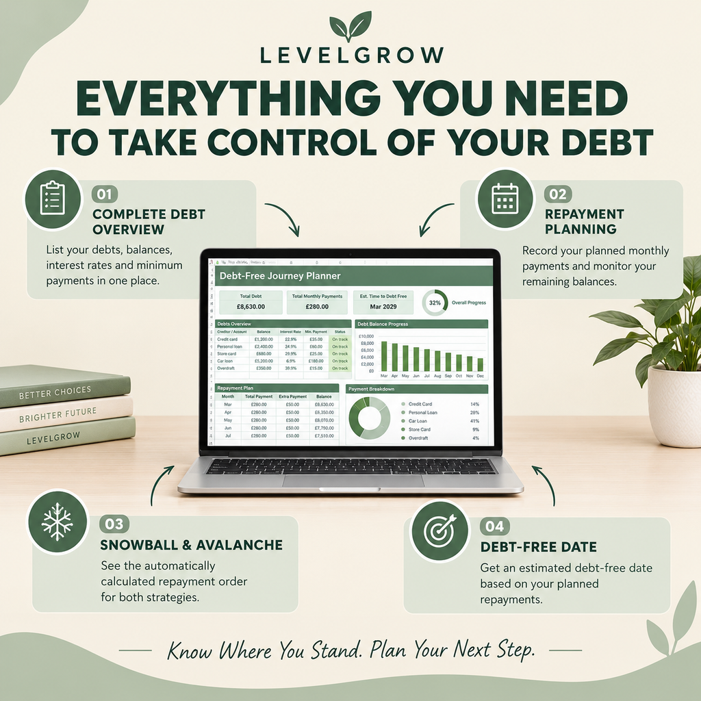 An informational graphic for LevelGrow titled 'Everything You Need to Take Control of Your Debt,' showing a laptop with a debt-free journey planner screen and four numbered tips: complete debt overview, repayment planning, snowball and avalanche strategy, and debt-free date. The design uses a soft beige background with green accents and a small potted plant on a desk.