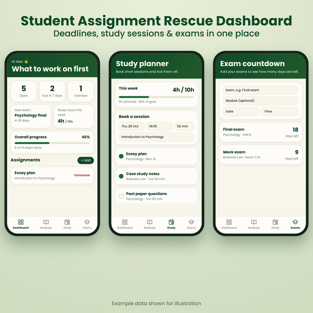 Student dashboard, study planner and exam countdown shown on three phones with example data.