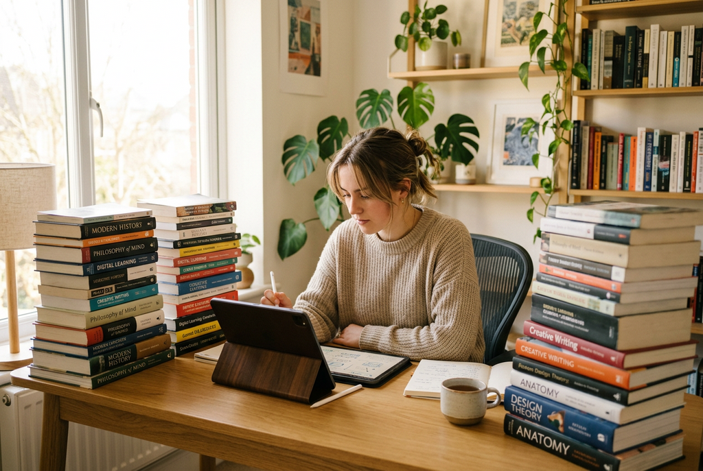 Student with books and a tablet using the Dissertation and Research Project Planner