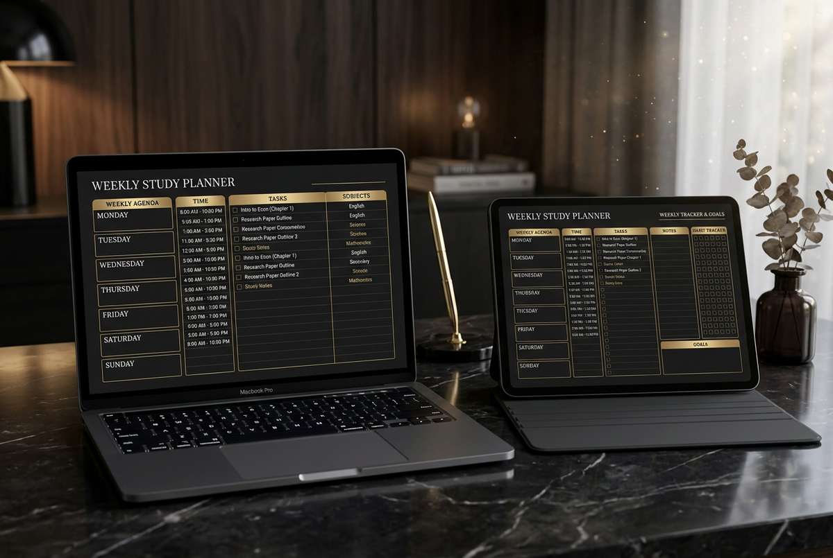 A weekly study planner displayed on a laptop and tablet screen, set on a dark marble desk in a modern, softly lit room.